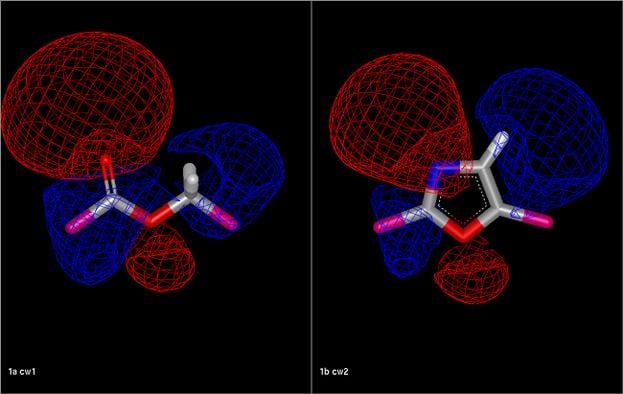 Comparison of an ester fragment and an oxazole fragment showing the electrostatic isopotential contour surfaces. The electrostatic Tanimoto between the two fragments is 0.54.