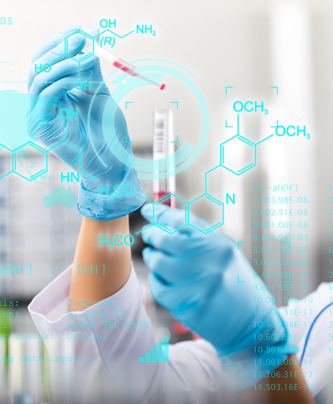 Gloved hands using pipette and tube, scientific illustrations in the foreground.