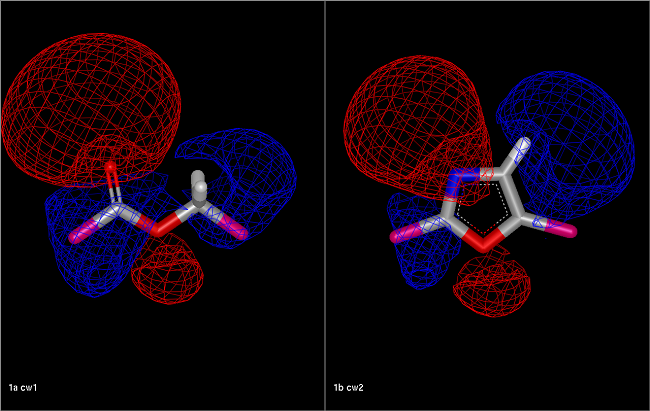 Comparison of an ester fragment and an oxazole fragment showing the electrostatic isopotential contour surfaces. The electrostatic tanimoto between the two fragments is 0.54.